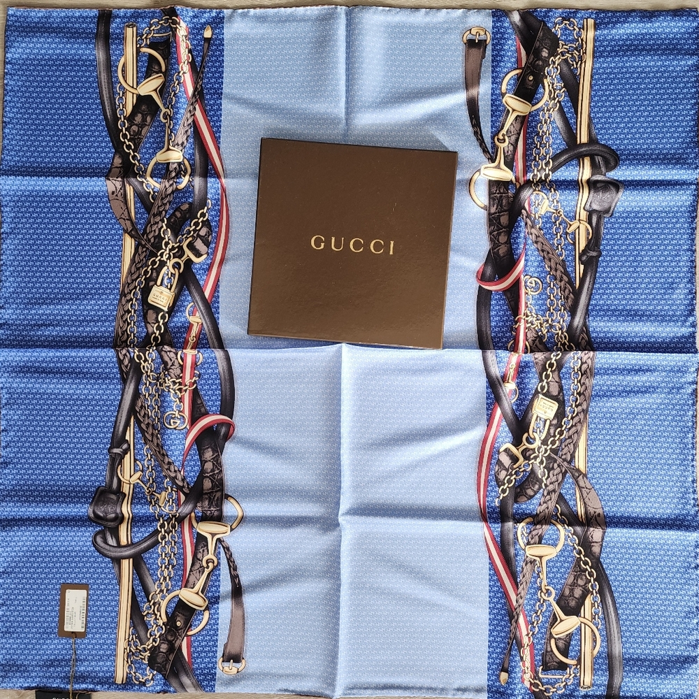 Auth Gucci NWT Equestrian Blue/Brown Silk Scarf - Picture 2 of 8